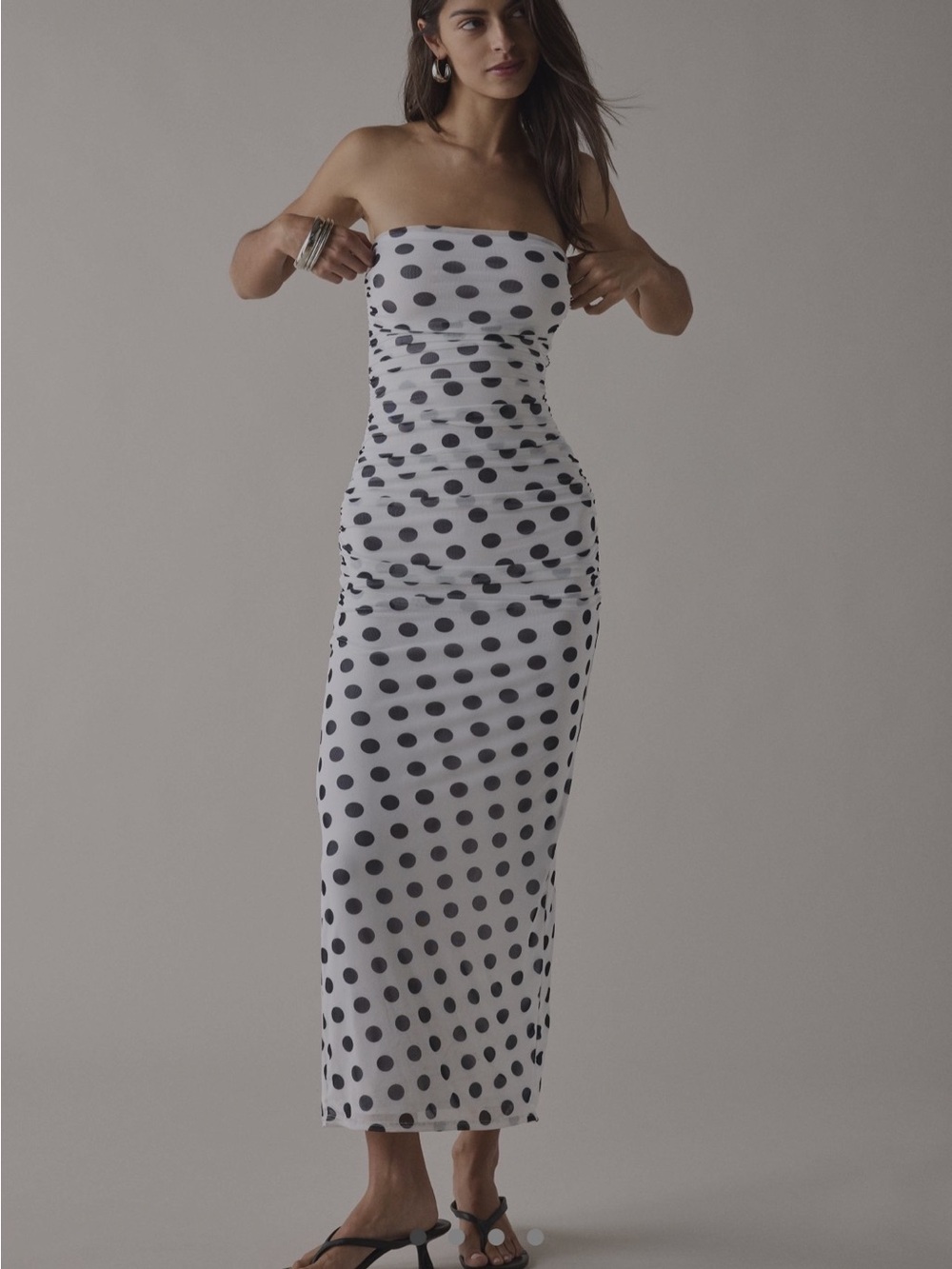 Strapless White Polka Dot Midi Dress